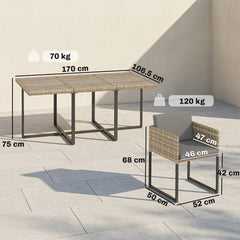 Outsunny 7 Piece Rattan Garden Furniture Set, Garden Dining Set with Wood-Plastic Table and 6 Stackable Chairs, Light Brown