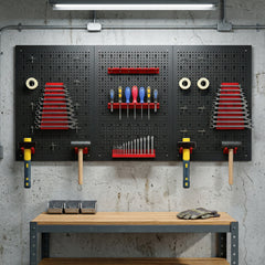 HOMCOM 28 Pcs Wall-Mounted Pegboard with 3 Boards, Garage Tool Storage Unit Black and Red