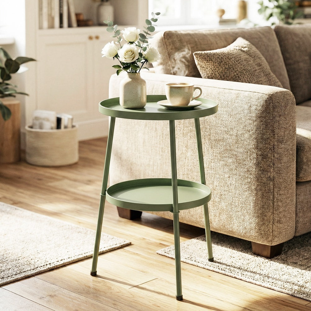 The two-tier round coffee end table in a living room next to a sofa