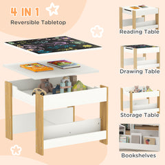 HOMCOM Three-Piece Kids Table and Chair Set with Blackboard, Storage, Bookshelves - Natural Wood