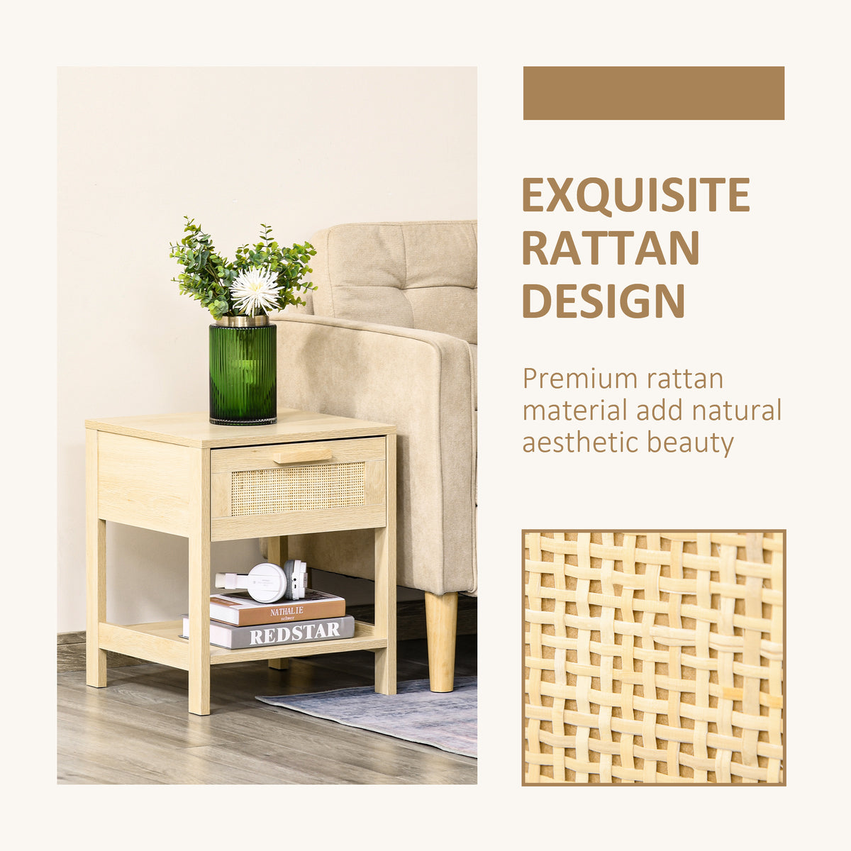 HOMCOM Chest of Drawer and Nightstands, Boho Rattan Furniture Set, Nature Wood Finish