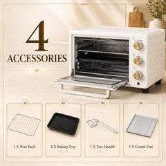 HOMCOM 21L Mini Countertop Oven, the accessories included with the small kitchen appliance: wire rack, baking tray, tray