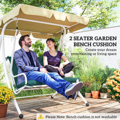 A couple relaxing on a swing seat with the green garden chair cushion