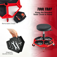 Red creeper seat with removable tool tray and magnetic quarter chassis