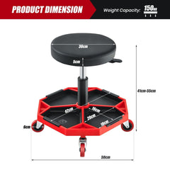 Red creeper seat with dimensions shown for height and width