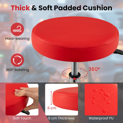 Close up of the red mechanic stool showing the padded seat and storage tray