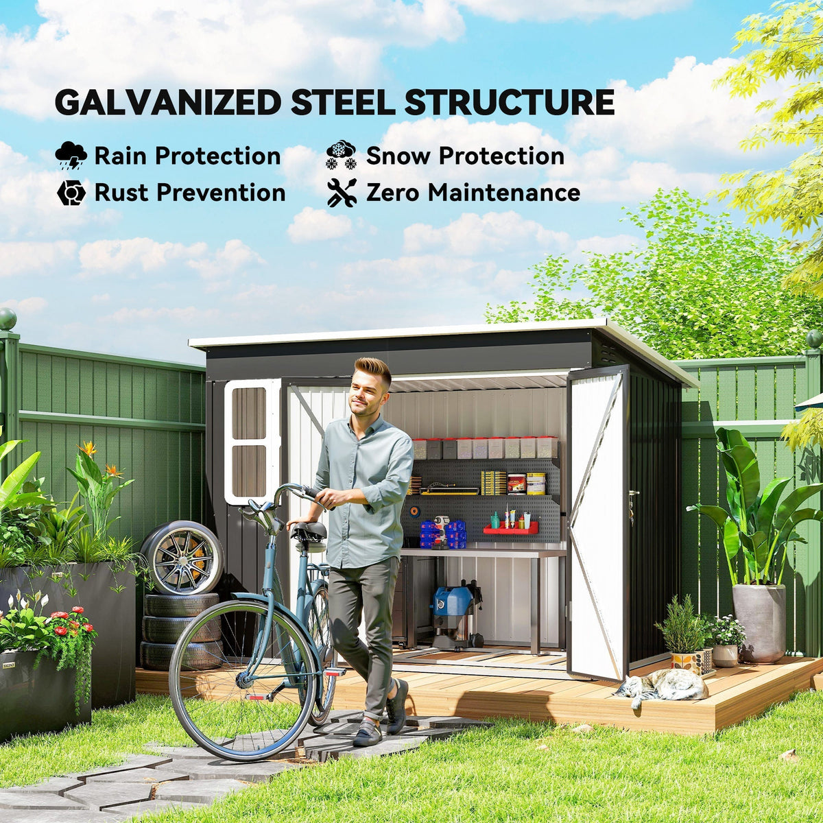 Outsunny 8.5 x 6ft Storage Shed Galvanised Steel Garden Shed, Metal Shed with Foundation Kit, Window, Lockable Wide Doors and