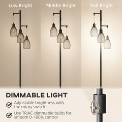 HOMCOM 3-Light LED Floor Lamp, 170cm Industrial Dimmable Standing Lamp with Steel Wire Cage Lampshades, 2700K for Living Room, Bedroom, Dining Room, Study, Black