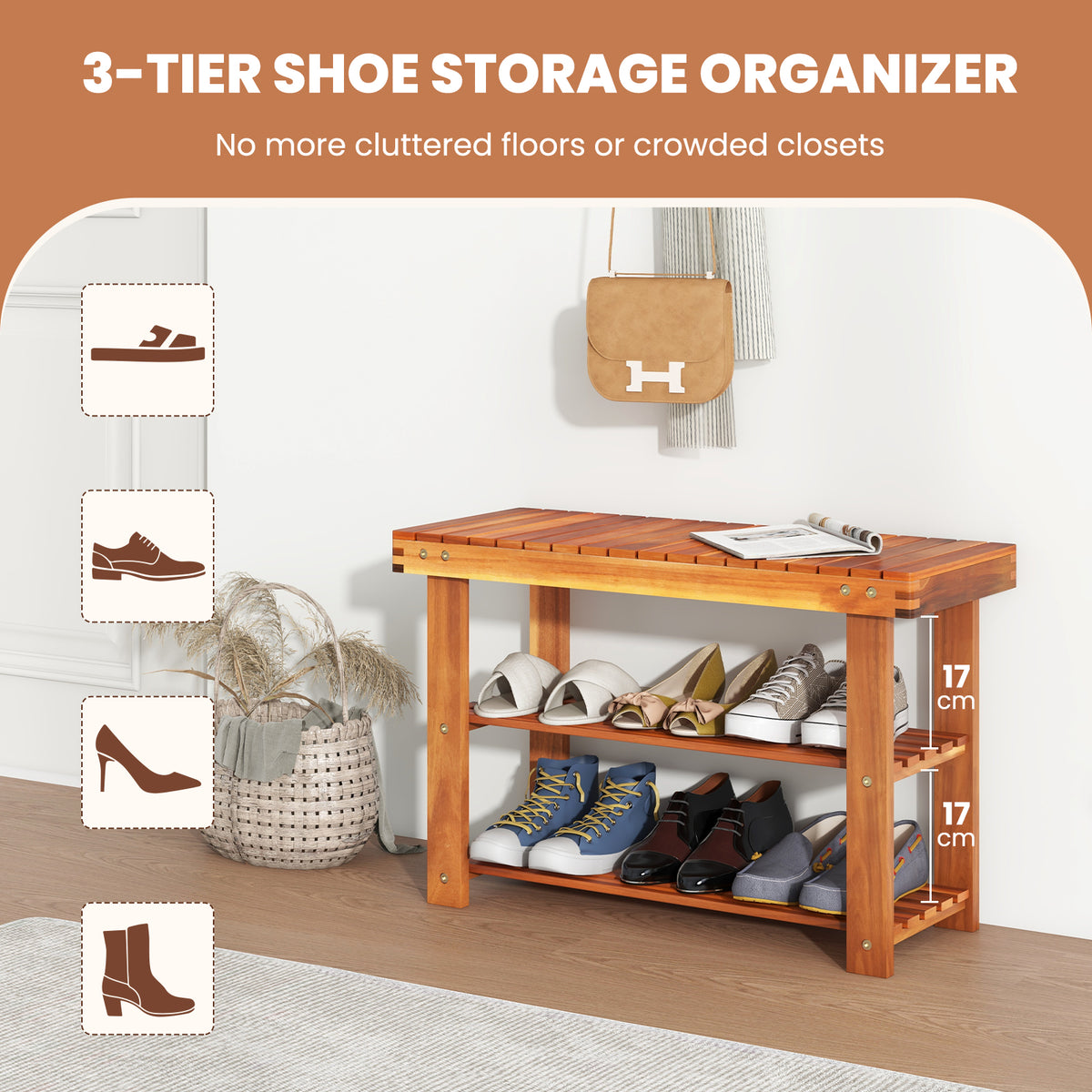 Acacia Wood Shoe Rack Bench 3-Tier Shoe Organizer Storage Shelf-M