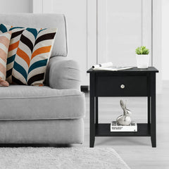 Accent Table Narrow Side End Table with 1 Drawer and Open Storage Shelf-Black