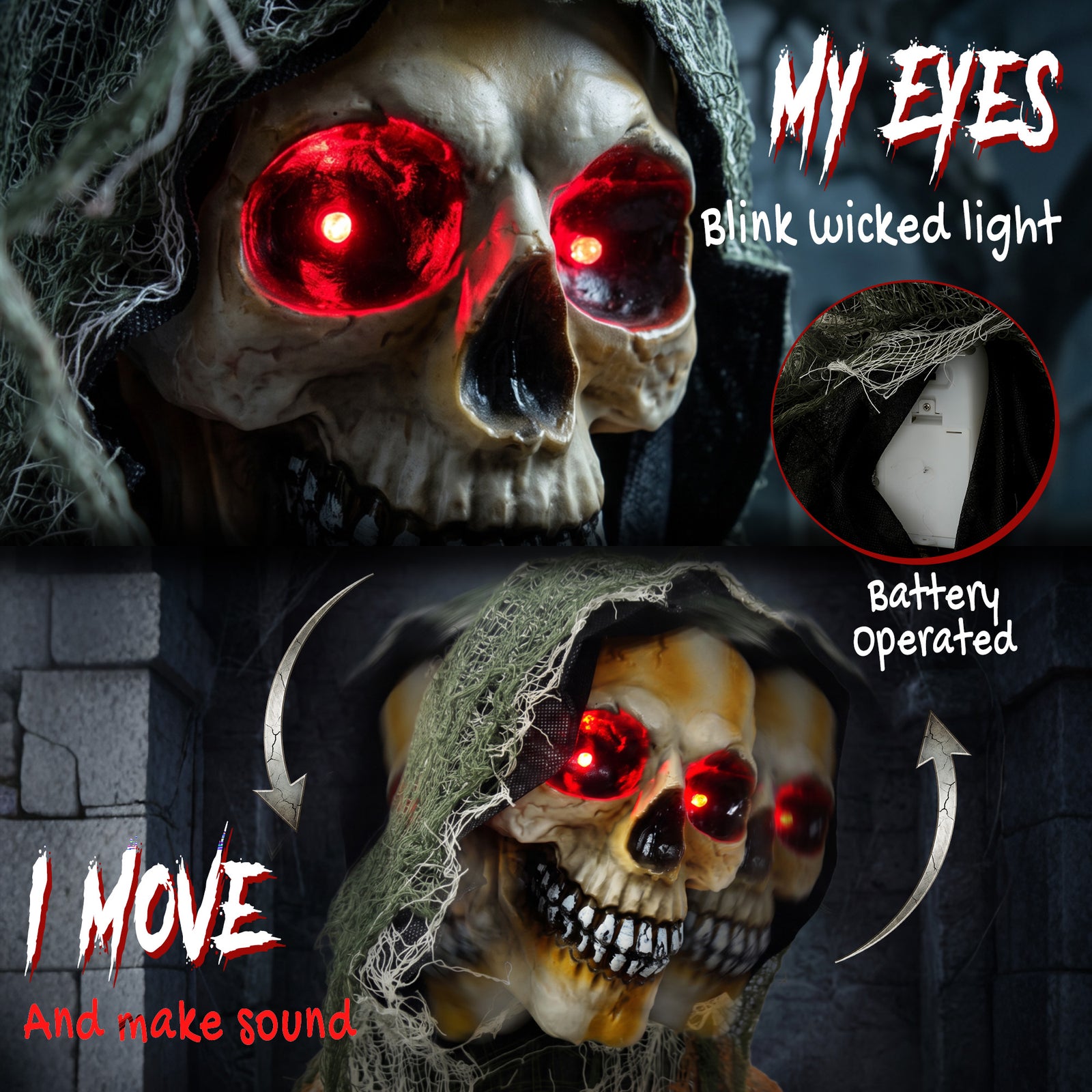 HOMCOM 170cm Animated Grim Reaper, Life-Size Halloween Animatronic with Moving Hands/Head, Glowing Eyes, Creepy Sound