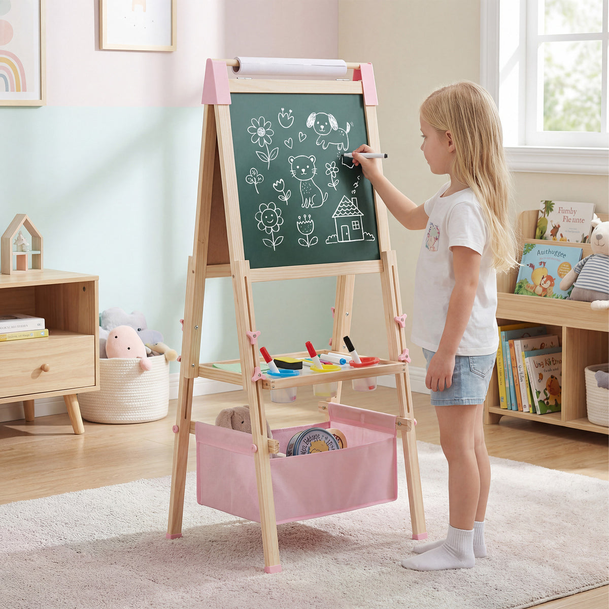 Adjustable Double Sided Kids Wooden Art Easel-Pink