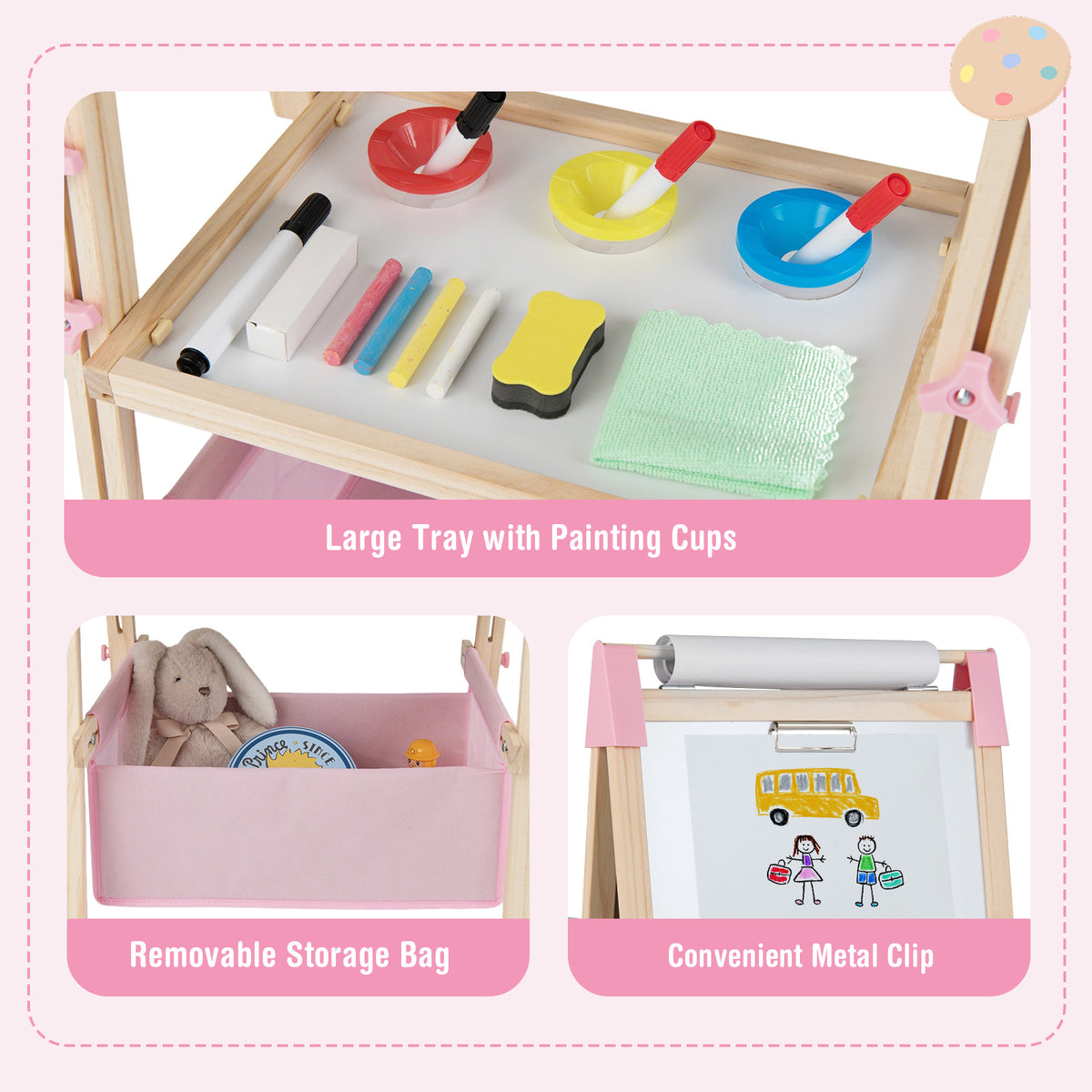 Adjustable Double Sided Kids Wooden Art Easel-Pink