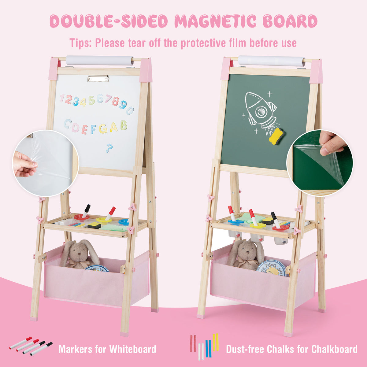 Adjustable Double Sided Kids Wooden Art Easel-Pink