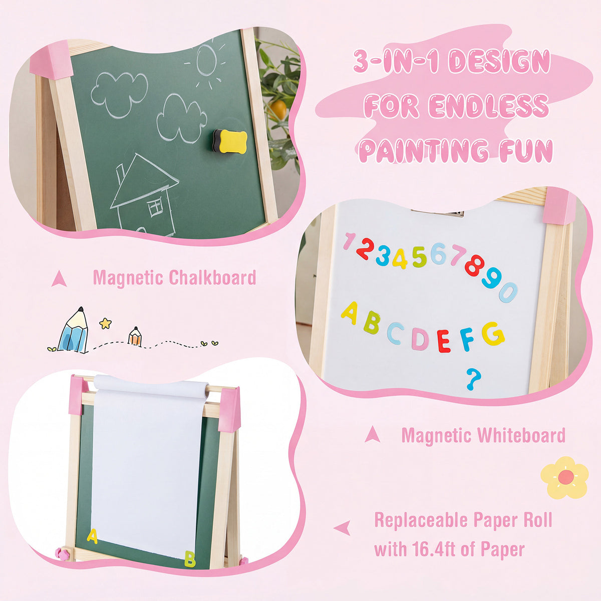 Adjustable Double Sided Kids Wooden Art Easel-Pink