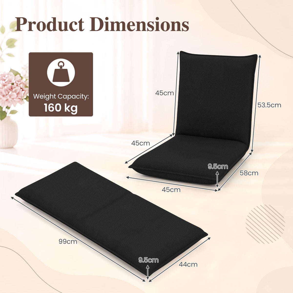 Adjustable Floor Chair with Adjustable Backrest and Sponge Filling-Black