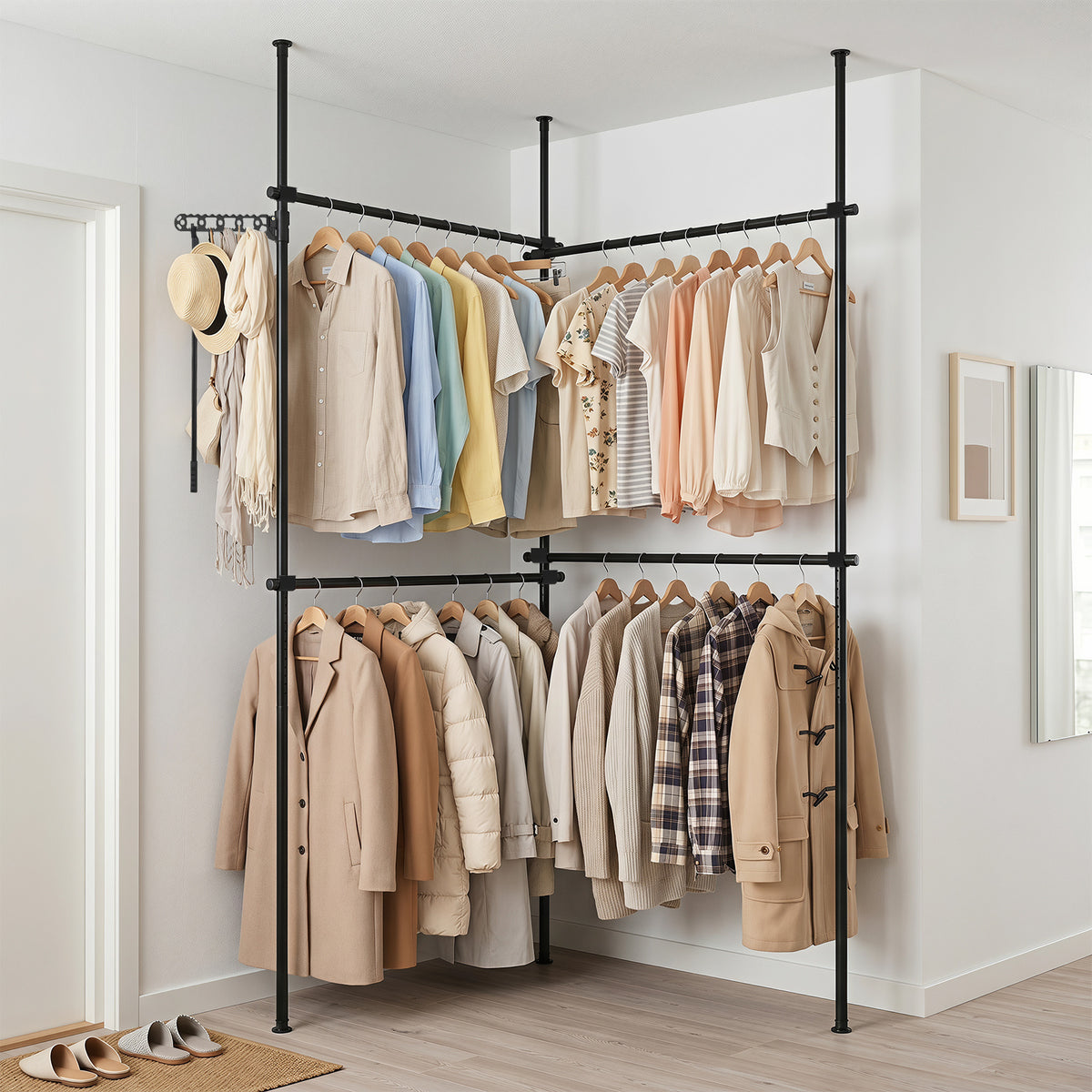 Adjustable Floor to Ceiling Clothes Rack with 2 Hanging Rods Folding Drying Rack and Reacher Pole-Black