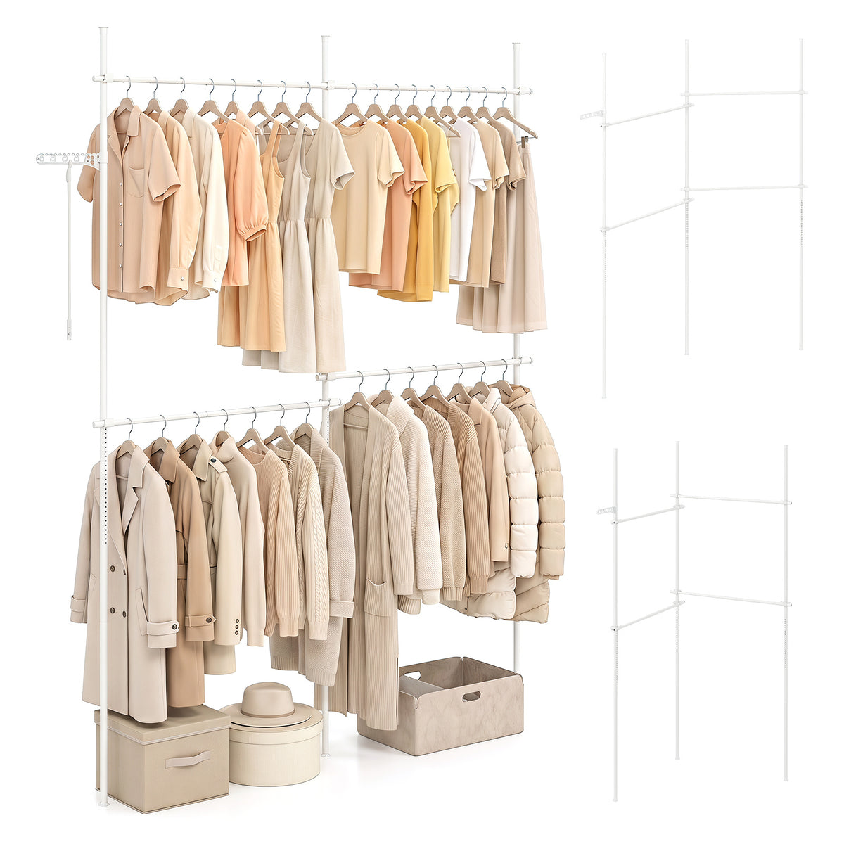 Adjustable Floor to Ceiling Clothes Rack with 2 Hanging Rods Folding Drying Rack and Reacher Pole-White