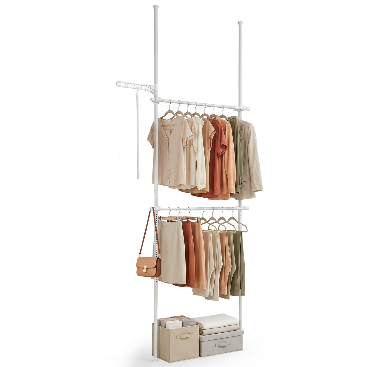 Adjustable Floor to Ceiling Clothes Rack with two hanging rails and storage boxes at the base