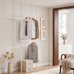 Adjustable Floor to Ceiling Clothes Rack with Double Rods & Folding Drying Rack for Laundry-White