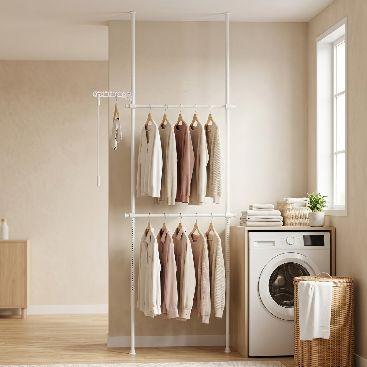 Adjustable Floor to Ceiling Clothes Rack with Double Rods & Folding Drying Rack for Laundry-White