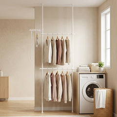 Adjustable Floor to Ceiling Clothes Rack with Double Rods & Folding Drying Rack for Laundry-White