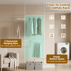 Adjustable Floor to Ceiling Clothes Rack with Double Rods & Folding Drying Rack for Laundry-White