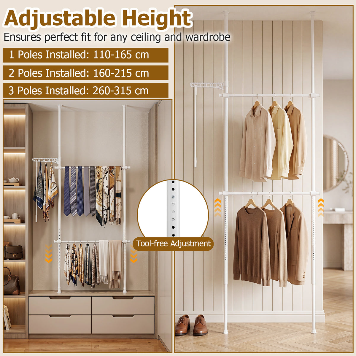 Adjustable Floor to Ceiling Clothes Rack with Double Rods & Folding Drying Rack for Laundry-White