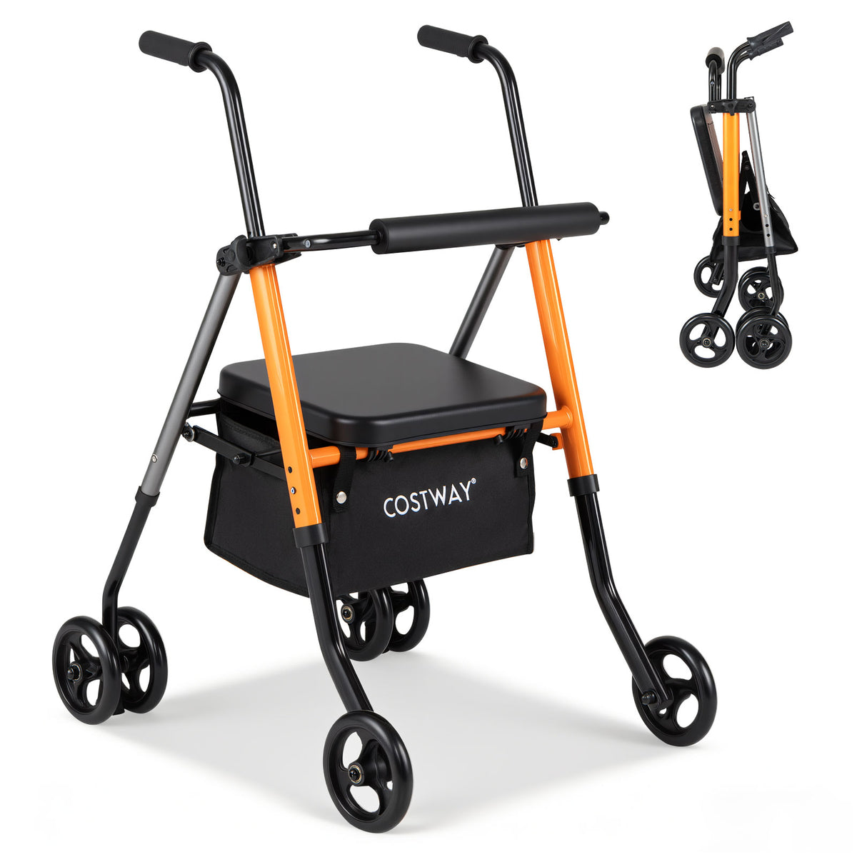 Adjustable Height Folding Lightweight Rollator Walker with Backrest-Black