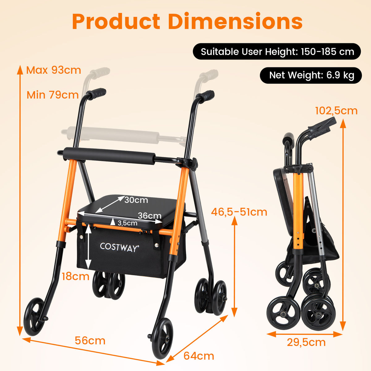 Adjustable Height Folding Lightweight Rollator Walker with Backrest-Black