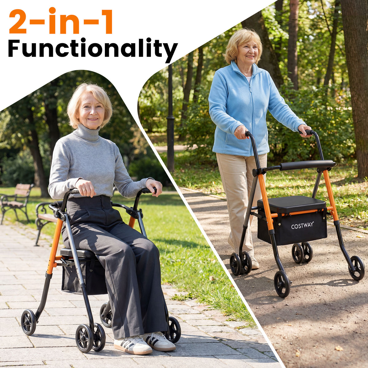 Adjustable Height Folding Lightweight Rollator Walker with Backrest-Black