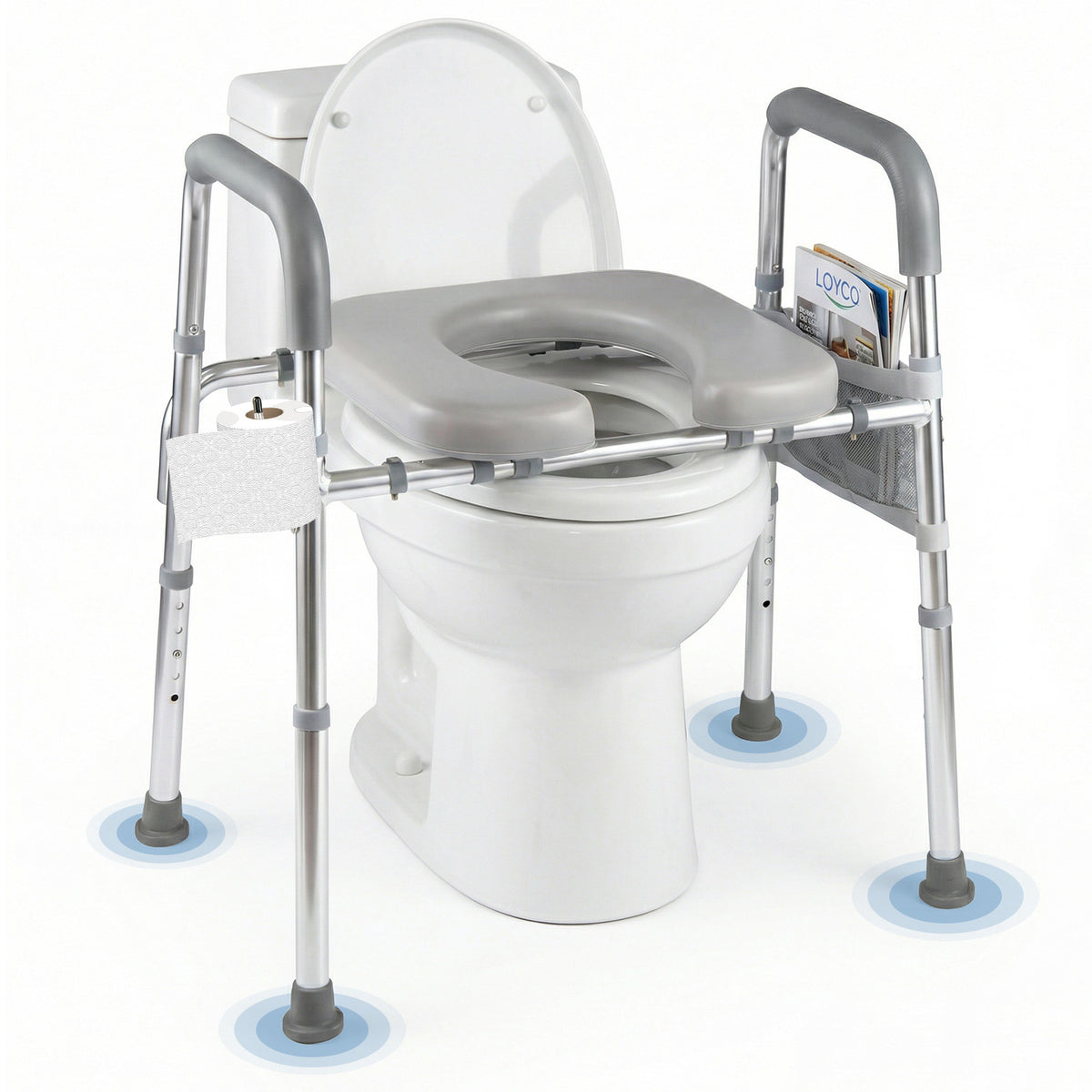 Adjustable Height and Width Raised Toilet Seat for Seniors with Padded Arms and Storage Bag-Silver