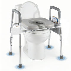 Adjustable Height and Width Raised Toilet Seat for Seniors with Padded Arms and Storage Bag-Silver