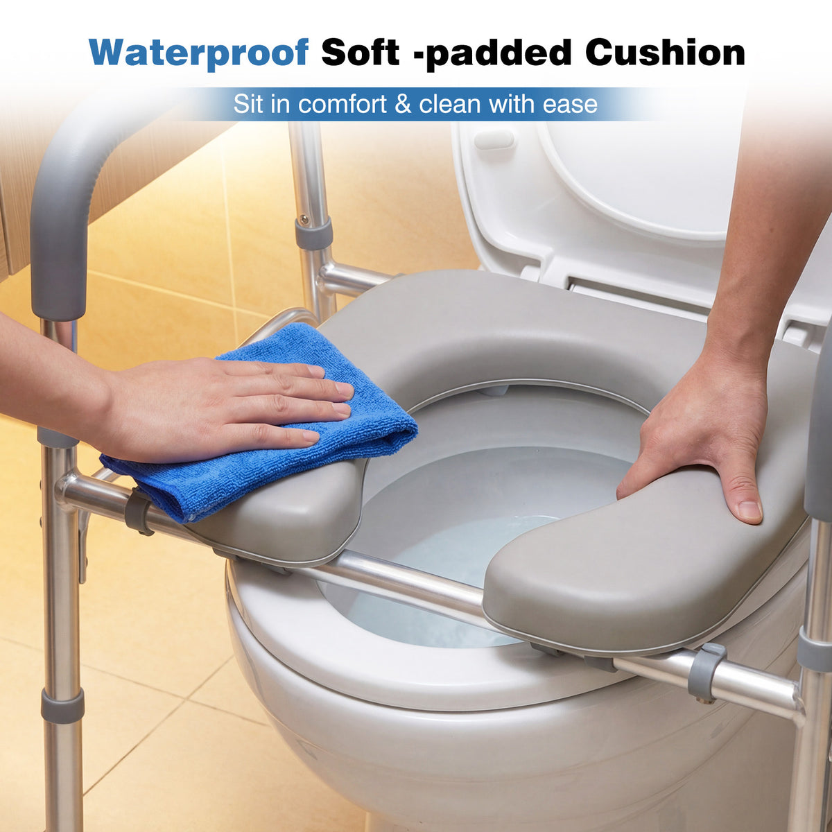 Adjustable Height and Width Raised Toilet Seat for Seniors with Padded Arms and Storage Bag-Silver