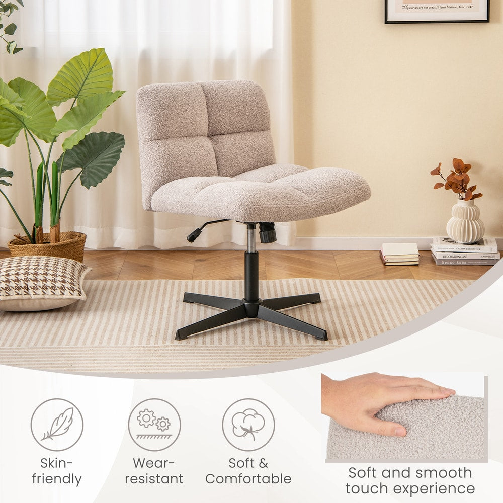 The office chair with icons highlighting the soft fabric and comfort features