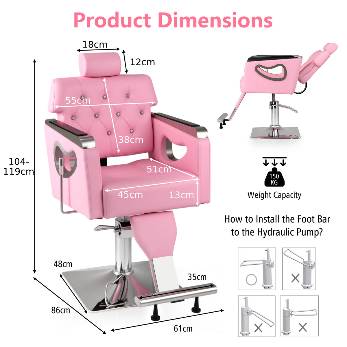 Adjustable Swivel Barber Chair with Padded Backrest-Pink