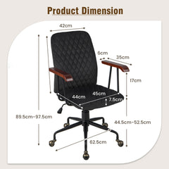 The office chair with arrows and labels indicating the various dimensions of the furniture