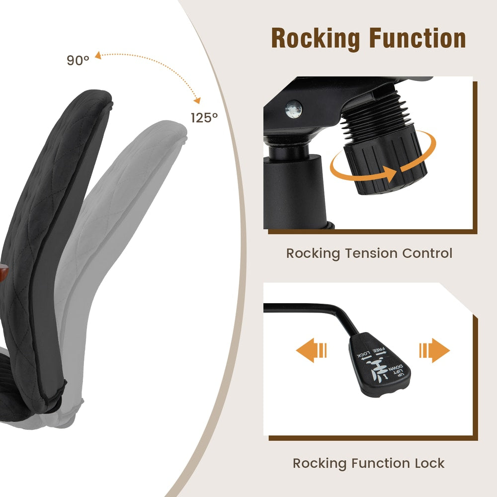The office chair showing the reclining backrest angle and the tension control adjustment knob