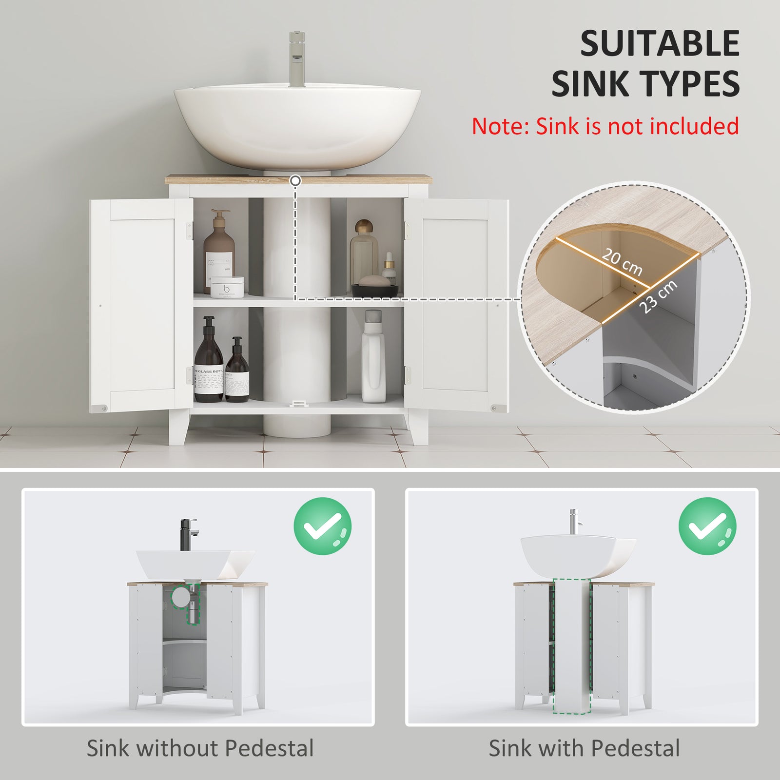 kleankin Under Sink Cabinet, Bathroom Sink Cabinet with 2 Doors, Pedestal Under Sink Design, Freestanding Bathroom Cupboard with Adjustable Shelf, White