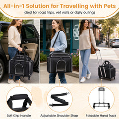 Airline Approved Rolling Cat and Dog Carrier with and Telescopic Handle-Black