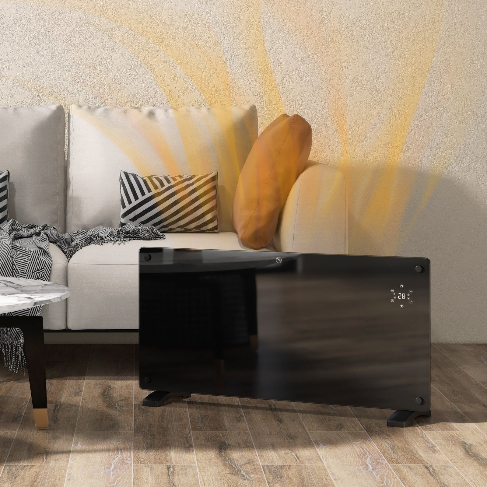 The black smart control heater warming a living room next to a sofa