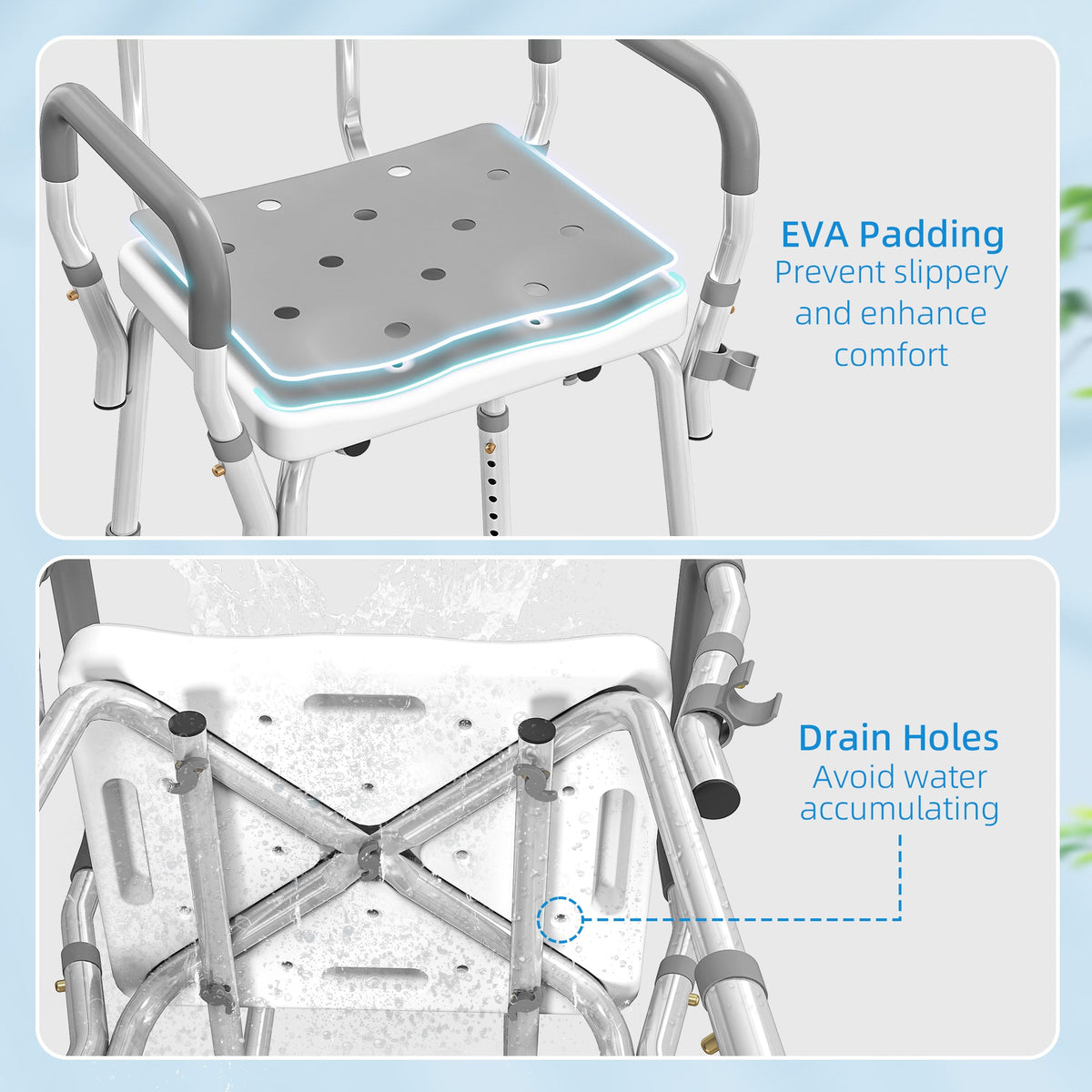 HOMCOM EVA Padded Shower Chair for the Elderly and Disabled, Height Adjustable Shower Stool with Back and Arms, 4 Suction Foot Pads, Light Grey