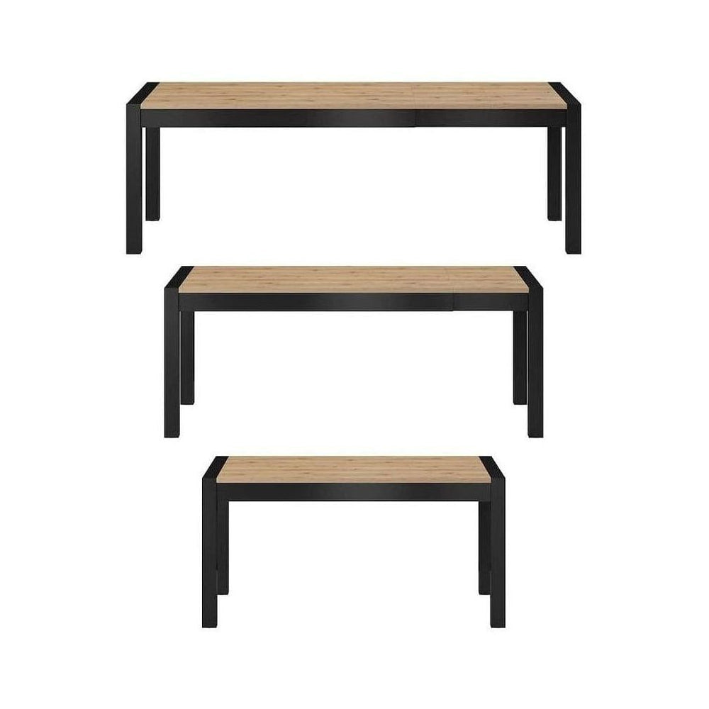 Three wooden tables with black metal frames on a white background