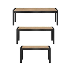 Three wooden tables with black metal frames on a white background