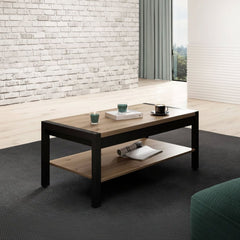Coffee table with a wooden top and black frame in a living room setting.