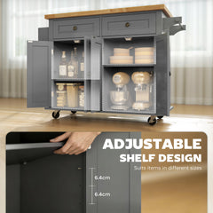 HOMCOM Rolling Kitchen Island Storage Trolley with Rubber Wood Top & Drawers for Dining Room, Grey