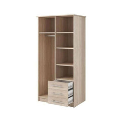 Wooden wardrobe with shelves and a drawer on a white background
