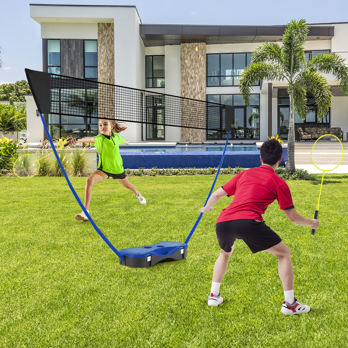 All-In-One Portable Badminton Net Set with Storage Base-Blue