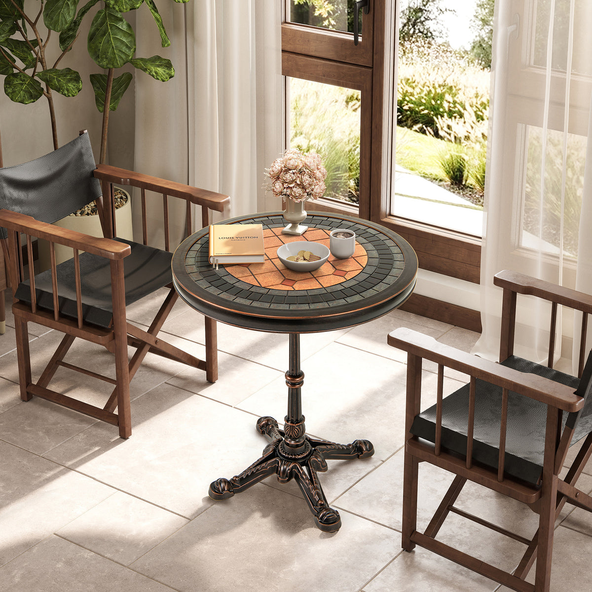 Round Patio Cast Aluminum Dining Table with Carved Texture-Bronze