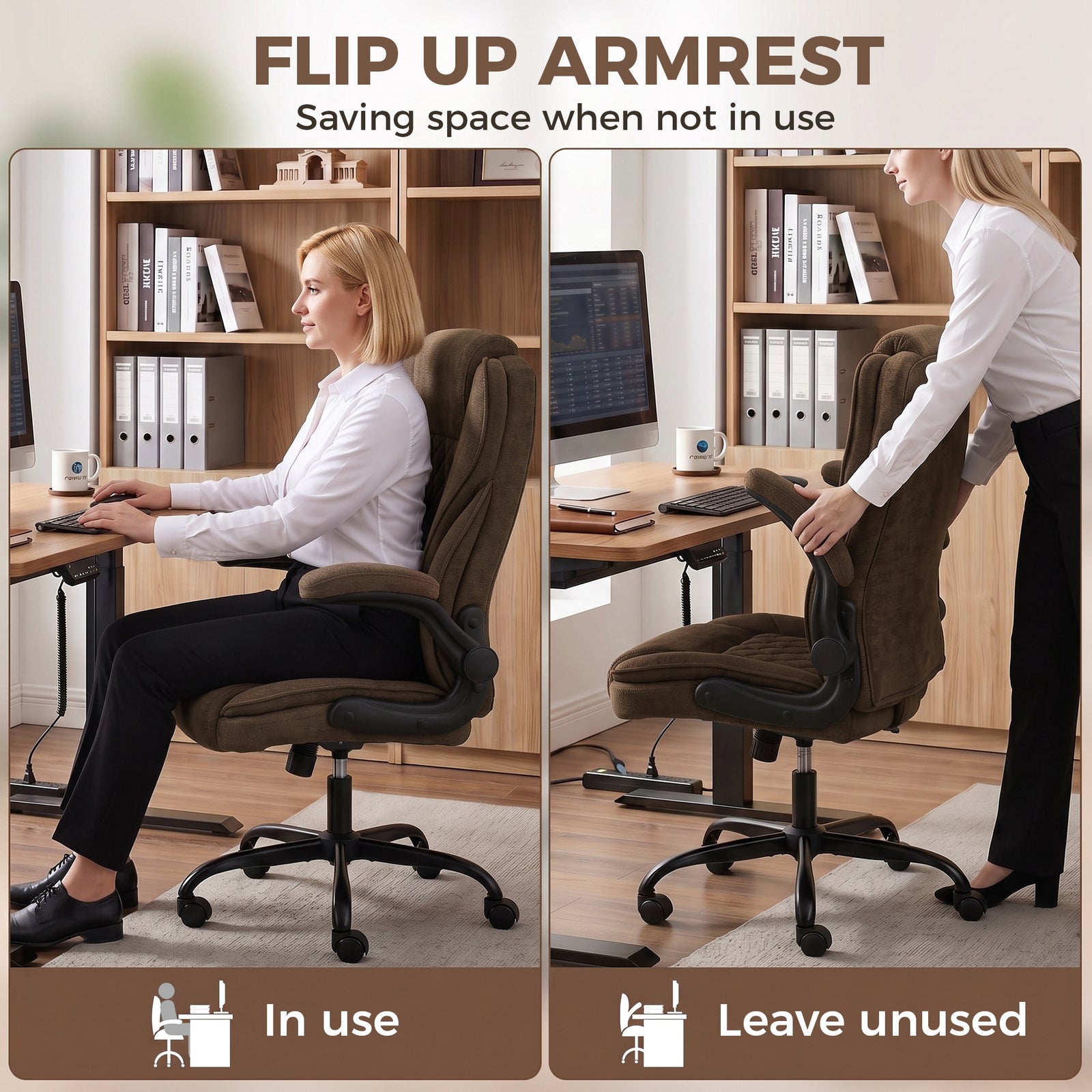 HOMCOM Office Chair, Ergonomic Desk Chair with Flip-up Armrest, Pocket Springs, Swivel Wheels, Adjustable Height, Brown